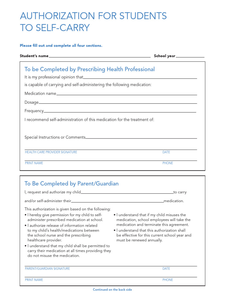 Student Medication Self-Carry Authorization | PDF | Health Care ...