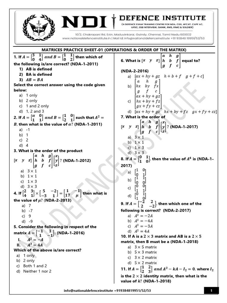 Matrix Operations Practice Questions | PDF | Matrix (Mathematics ...