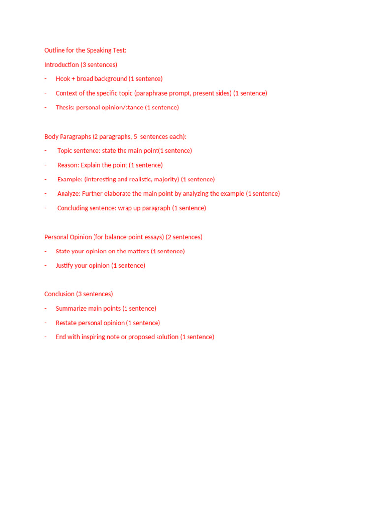 Outline for the Speaking Test | PDF