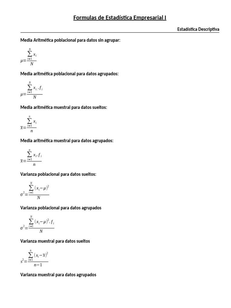 Formulas de Estadistica Empresarial I (2019) | PDF | Mediana | Media