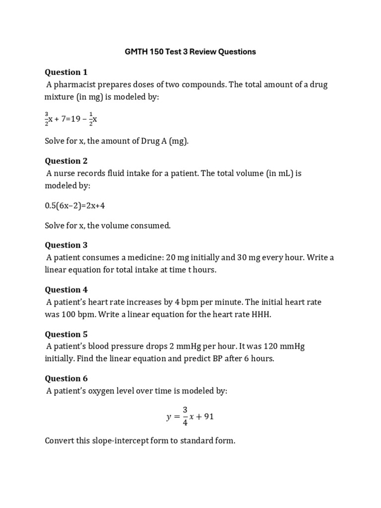GMTH 150 Test 3 Review Questions | PDF | Dose (Biochemistry) | Chemistry