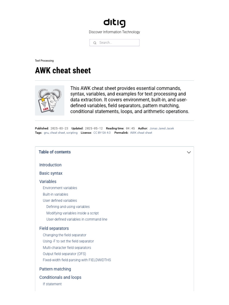 Essential AWK Cheat Sheet Guide | PDF | Software | Computer Programming