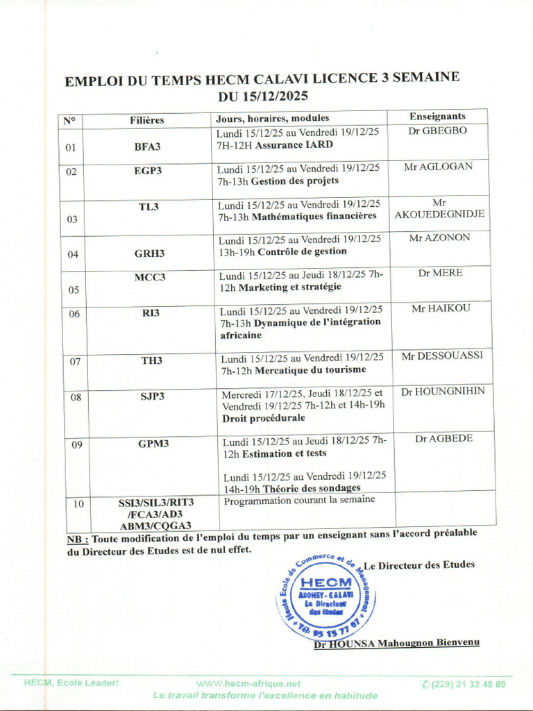 Emploi Du Temps Licence 3 Semaine Du 15dec 2025 | PDF
