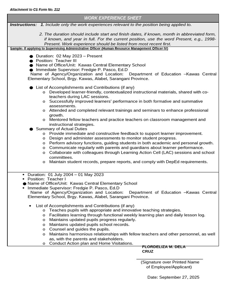 Work Experience Sheet for Teacher Position | PDF | Teachers | Learning