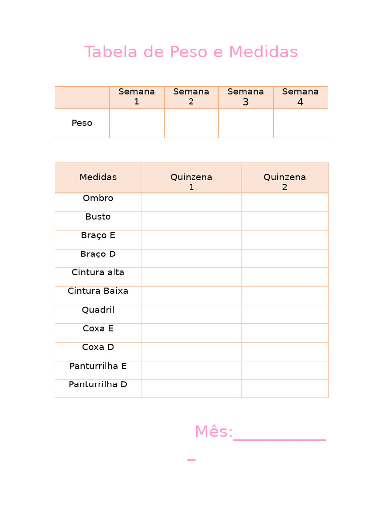 Tabela de Peso e Medidas Corporais | PDF