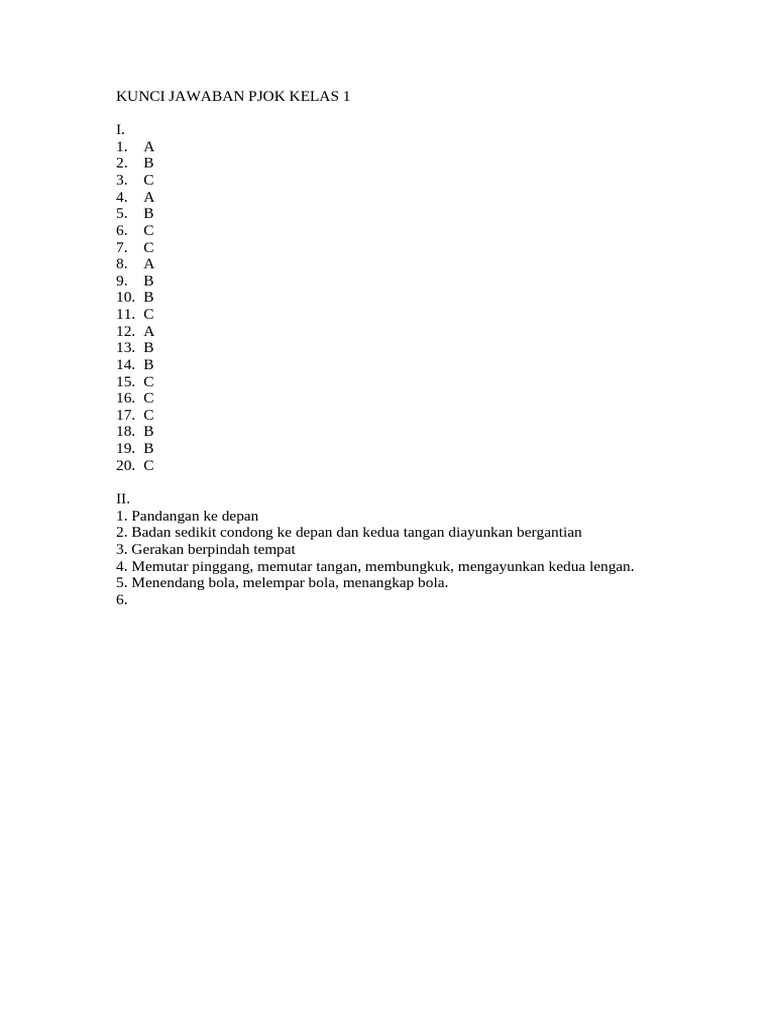 Kunci Jawaban PJOK Kelas 1 Lengkap | PDF