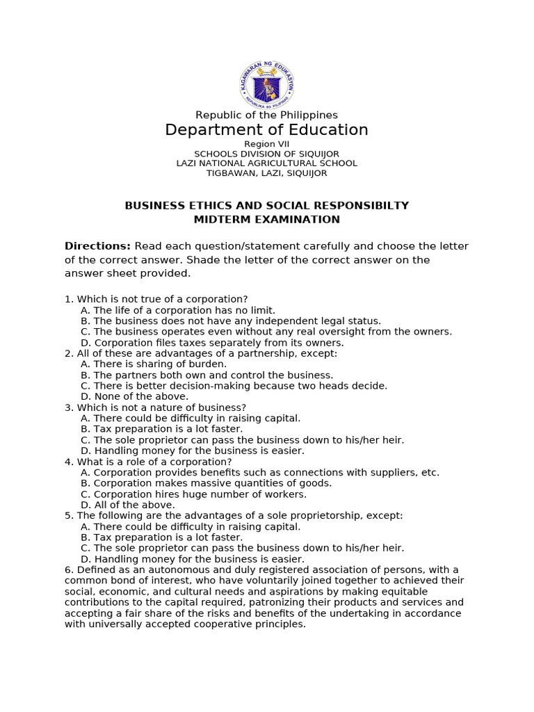 Business Ethics Midterm Exam Guide | PDF | Corporations | Sole ...