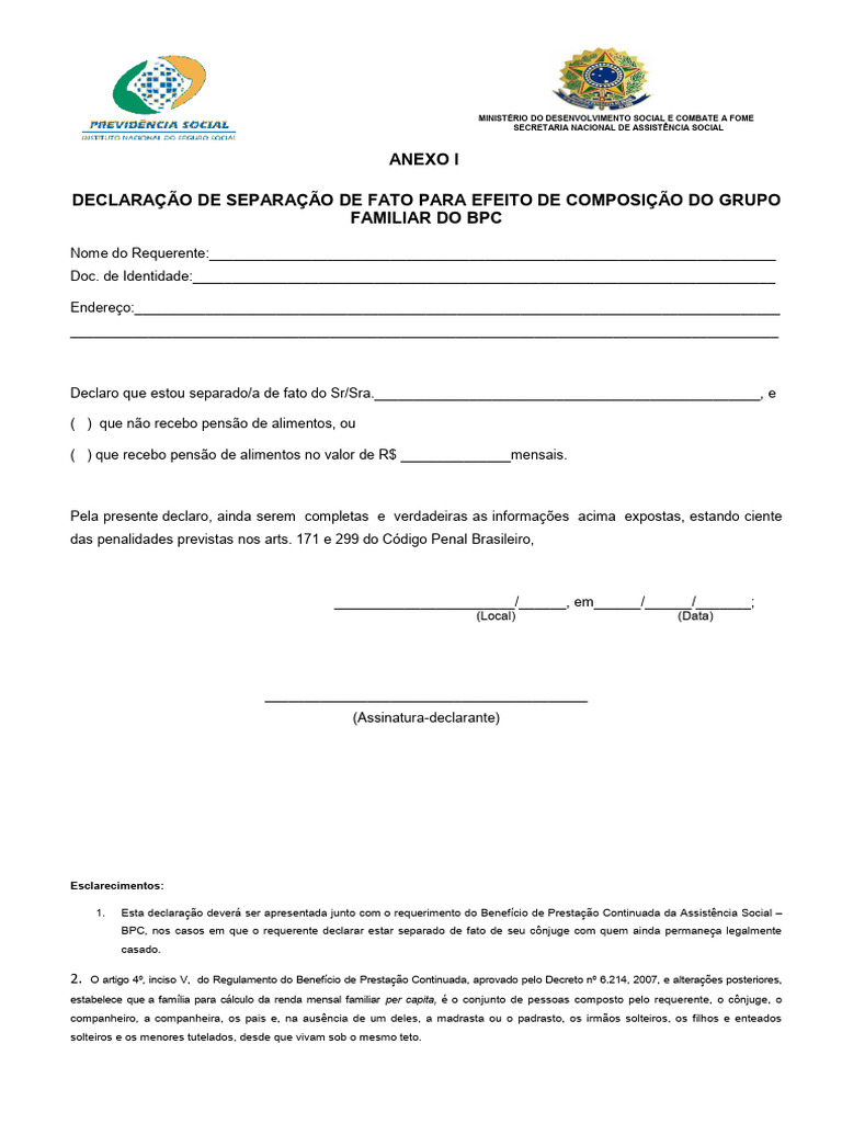 Modelo de Declaração de Separação de Fato | PDF