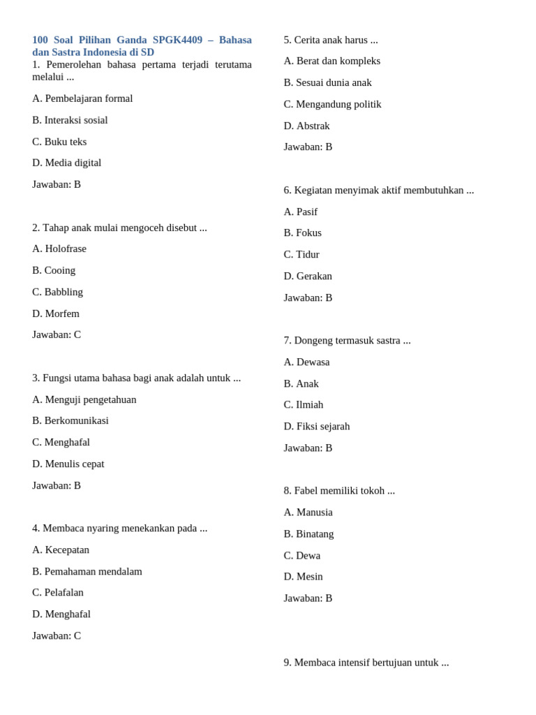 Soal Pilihan Ganda Bahasa Indonesia SD | PDF