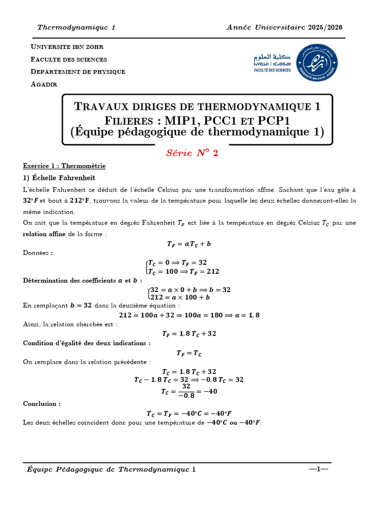 Exercices de thermodynamique 2025-2026 | PDF | Température | Chaleur