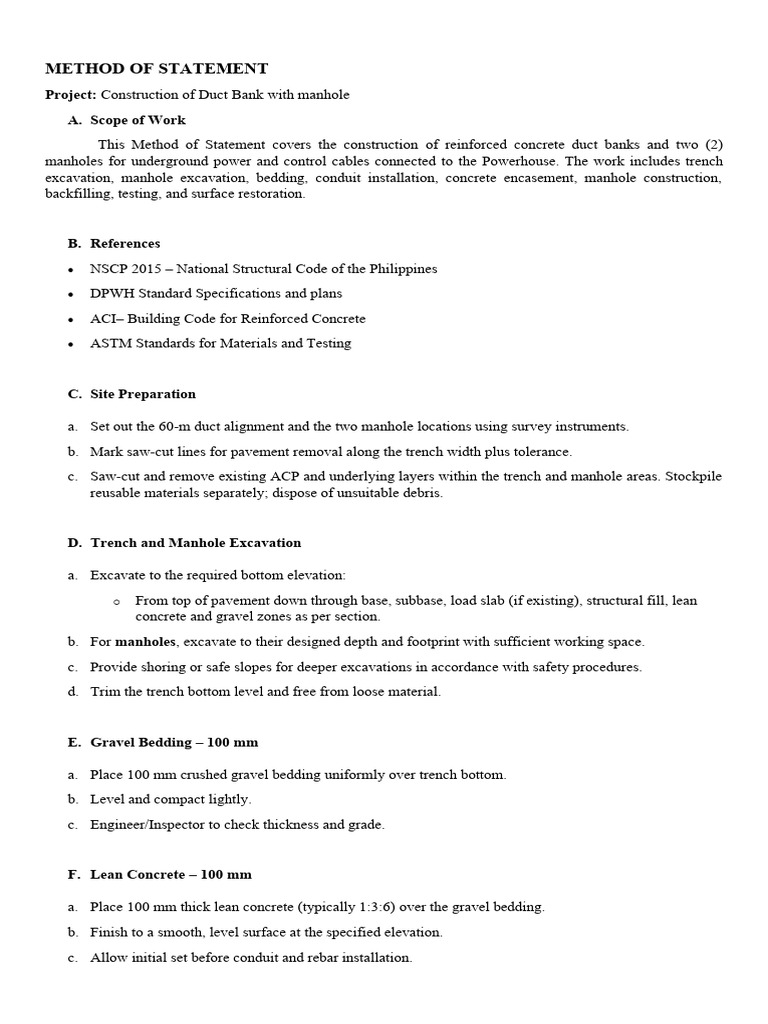 Duct Bank Construction Method Statement | PDF | Concrete | Road Surface