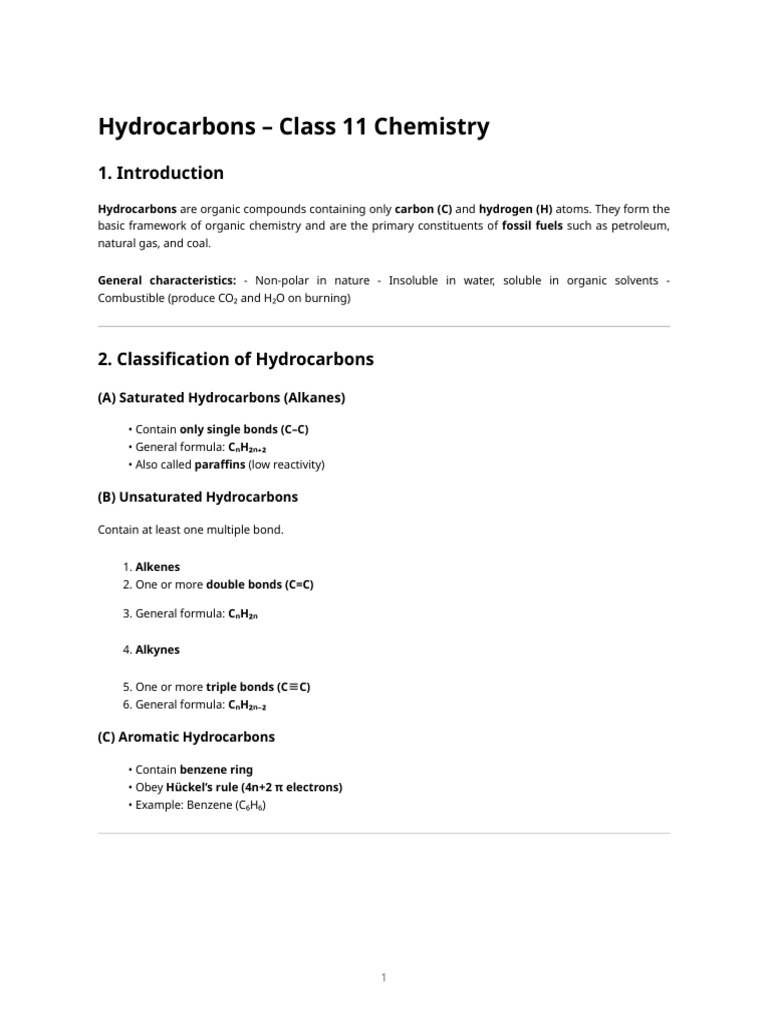 Hydrocarbons Overview for Class 11 Chemistry | PDF | Alkene | Hydrocarbons
