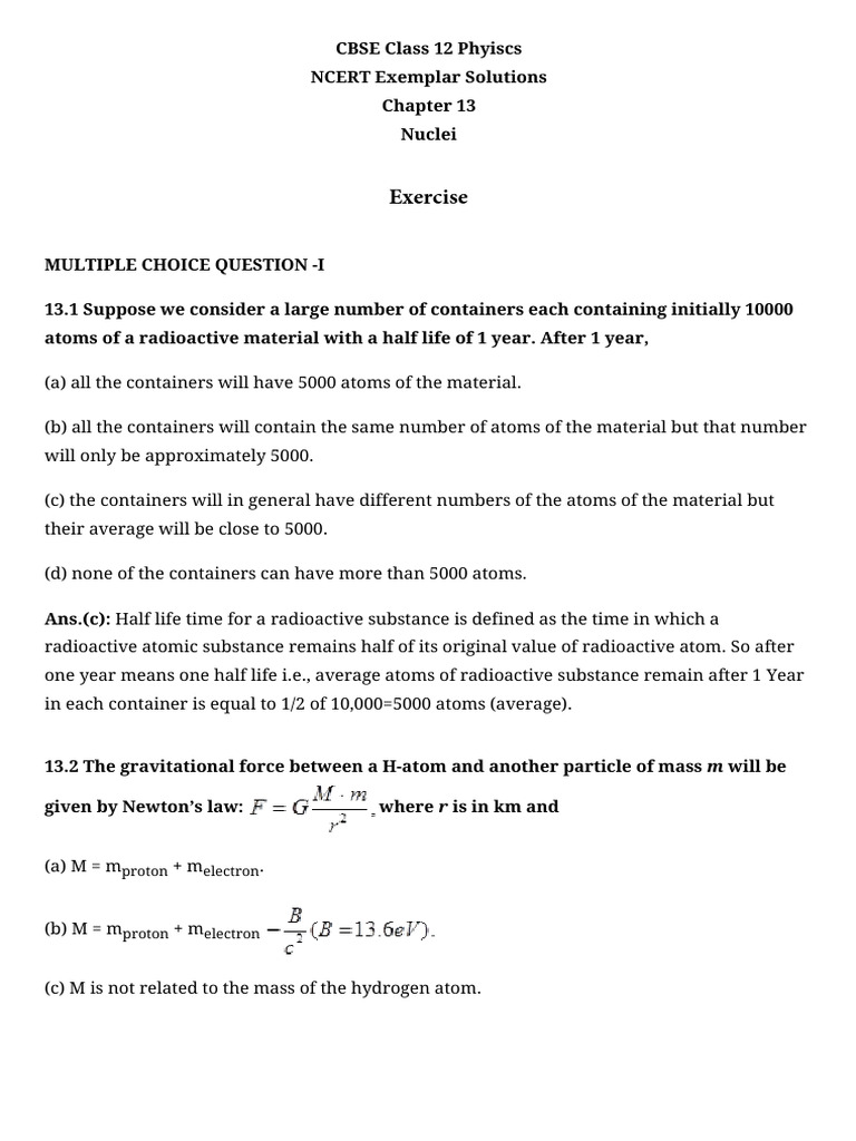 CBSE Class 12 Physics Nuclei MCQs Solutions | PDF | Atomic Nucleus ...
