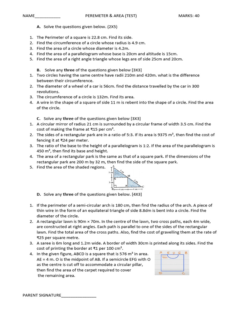Perimeter and Area Test Questions | PDF | Area | Circle