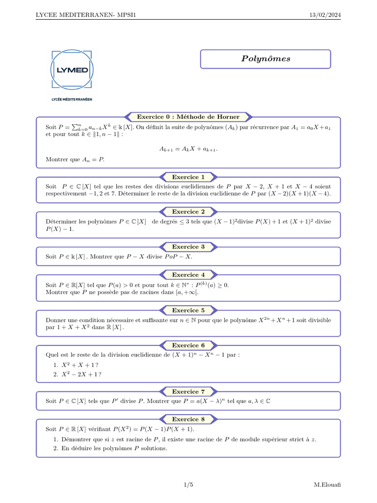 Exercices sur les polynômes et leurs propriétés | PDF