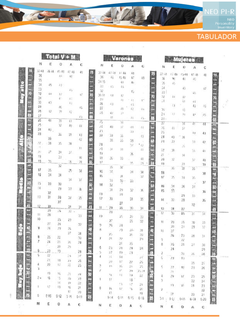 Tabulador - Percentiles Neo Pi - R | PDF