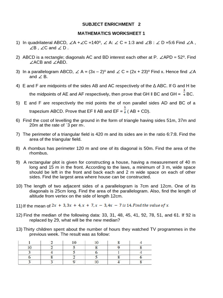 Mathematics Worksheet on Geometry and Statistics | PDF | Area | Rectangle