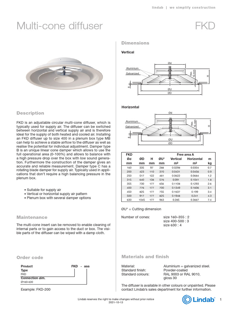 Multi-Cone Diffuser FKD Specifications | PDF | Duct (Flow) | Sound