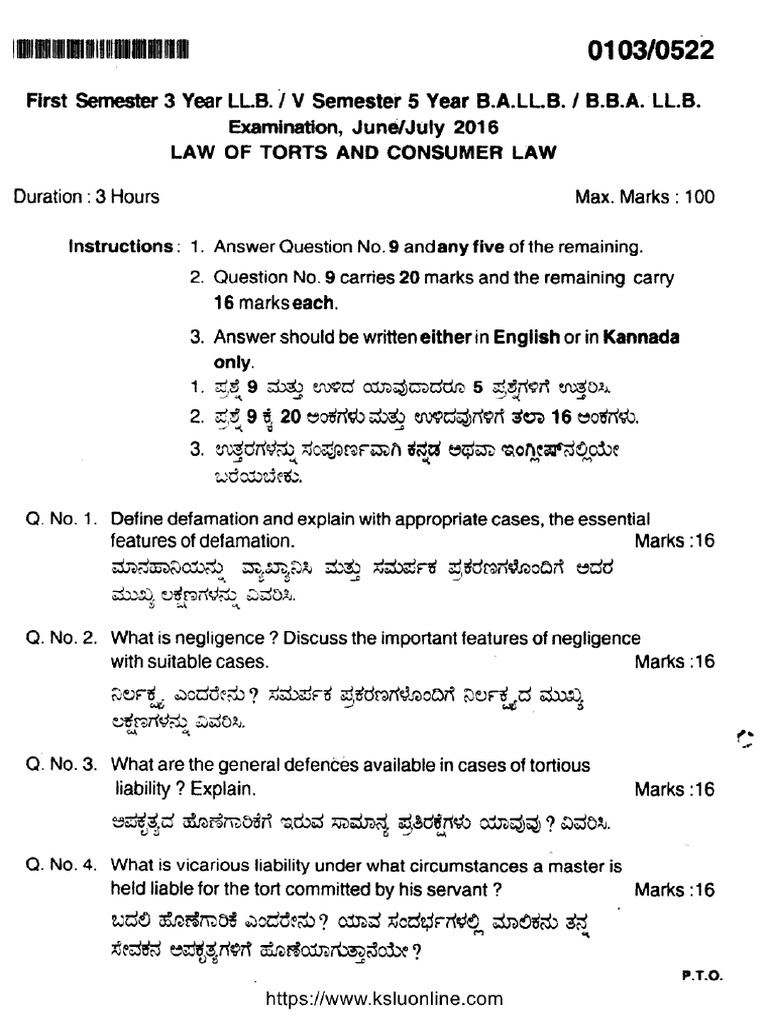 LLB 1 Sem Ballb Bballb 5 Sem Law of Torts and Consumer Law 0103 Jul ...