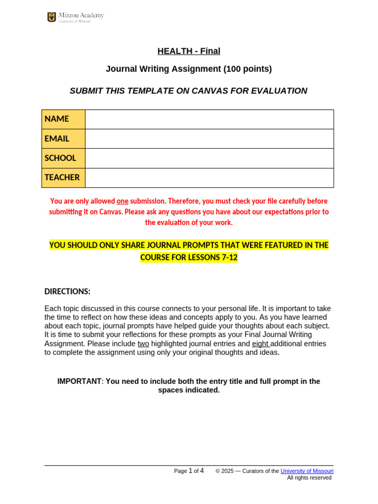 Final Health Journal Writing Assignment | PDF | Thought | Critical Thinking