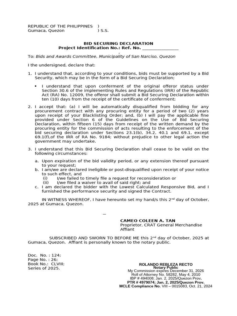 Bid Securing Declaration Template | PDF | Justice | Crime & Violence
