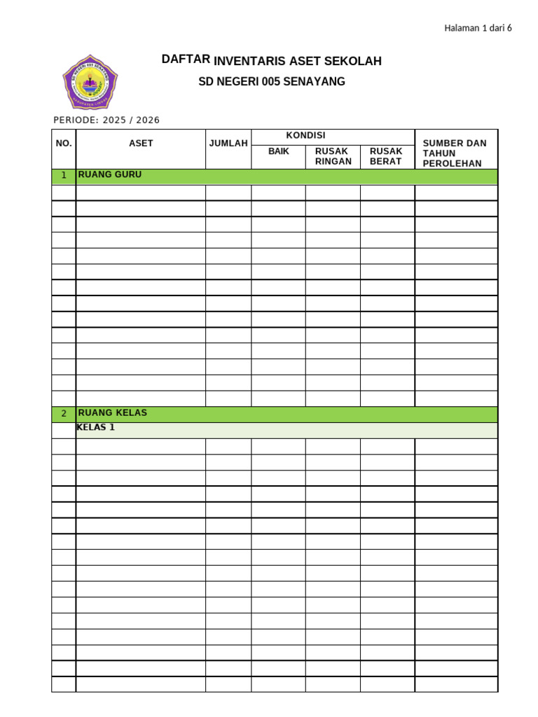 Daftar Inventaris Aset SD 005 Senayang | PDF