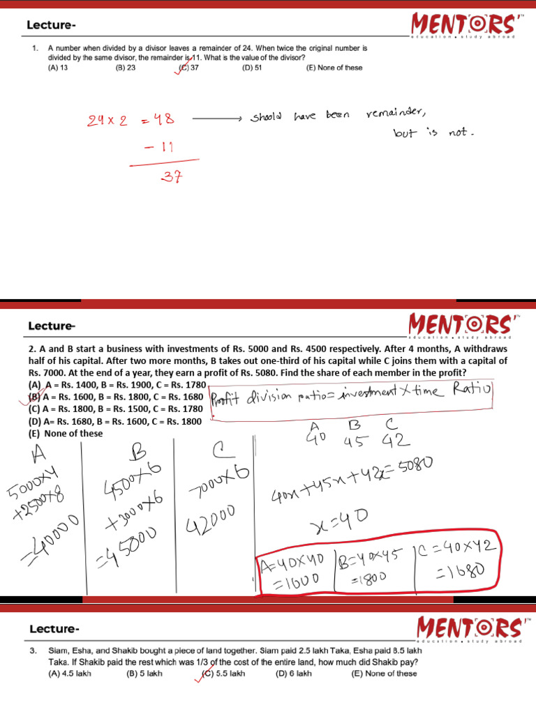 Business Profit Sharing and Probability Problems | PDF | Area | Speed