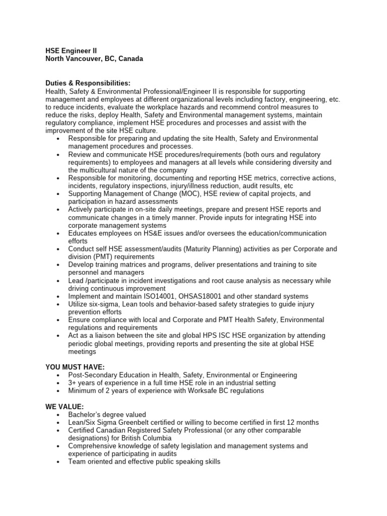Hse Engineer II - Jd | PDF | Business | Safety