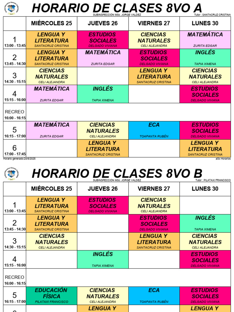 Horarios de Clases 8vo y 9no Grado | PDF
