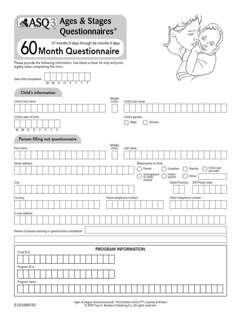 ASQ-3™ 60 Month Child Development Questionnaire | PDF | Behavioural ...