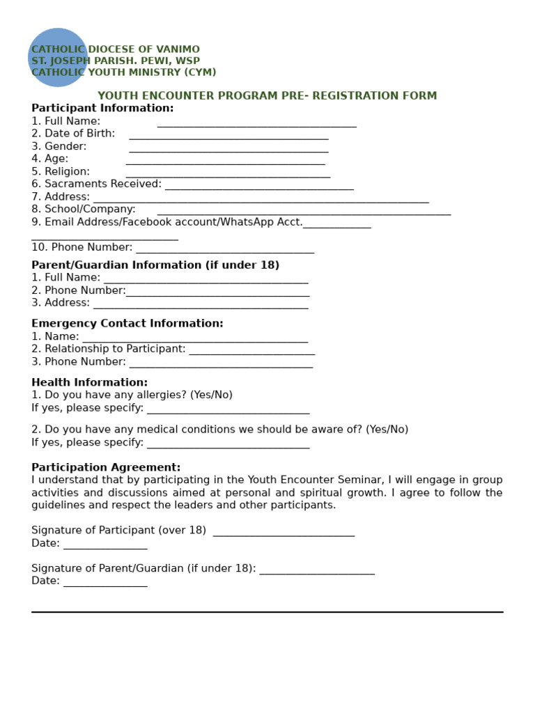 Youth Encounter Program Registration Form | PDF