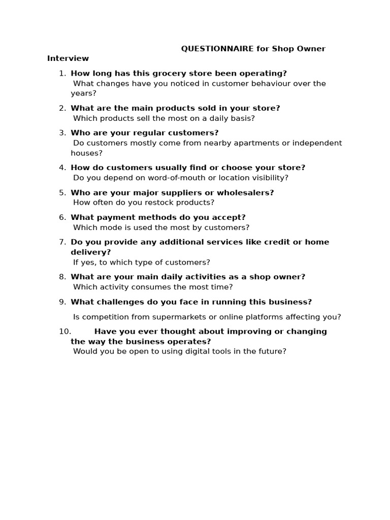 Grocery Store Owner Interview Questionnaire | PDF
