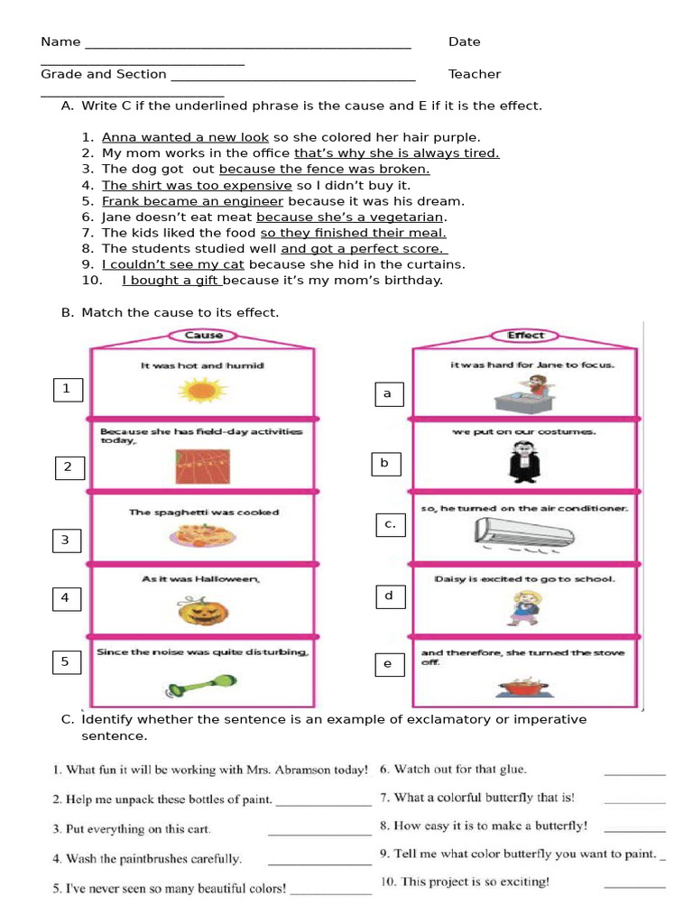 Cause and Effect Exercise Worksheet | PDF