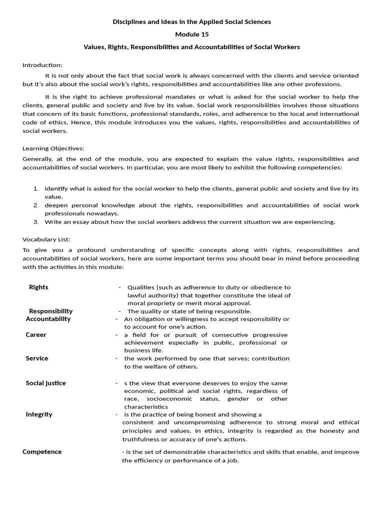 Social Workers' Rights and Responsibilities | PDF | Social Work | Value ...