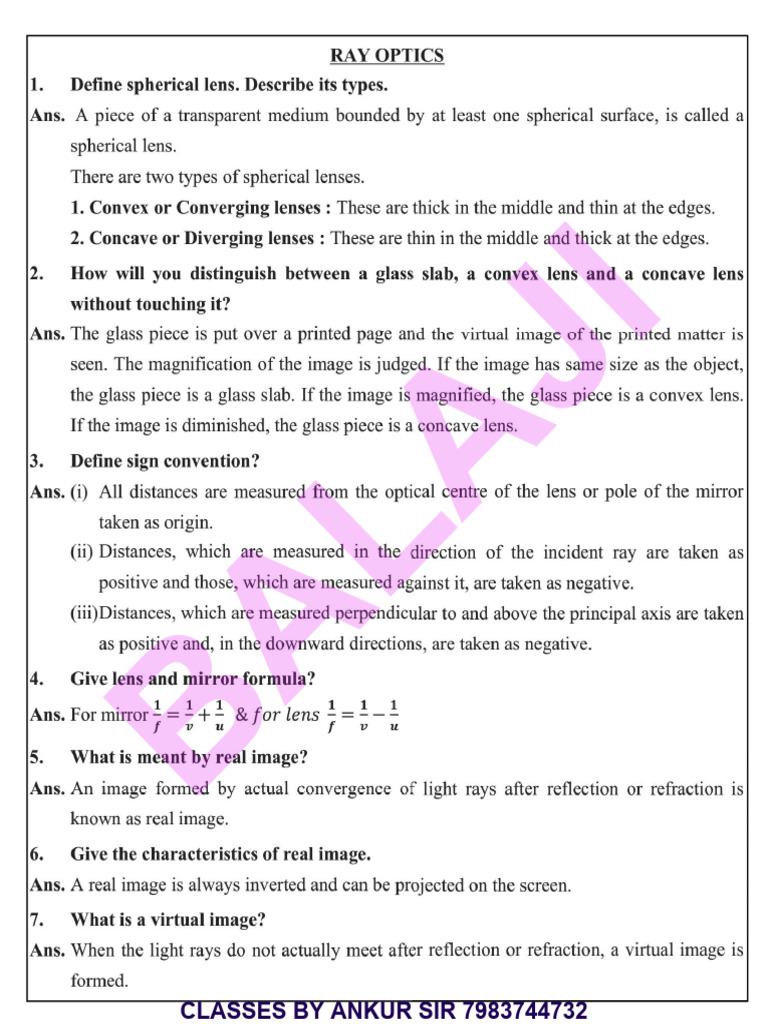 Physics Viva Questions - Ray Optics | PDF
