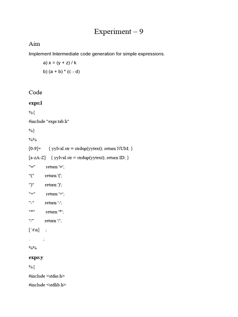 Intermediate Code Generation for Expressions | PDF