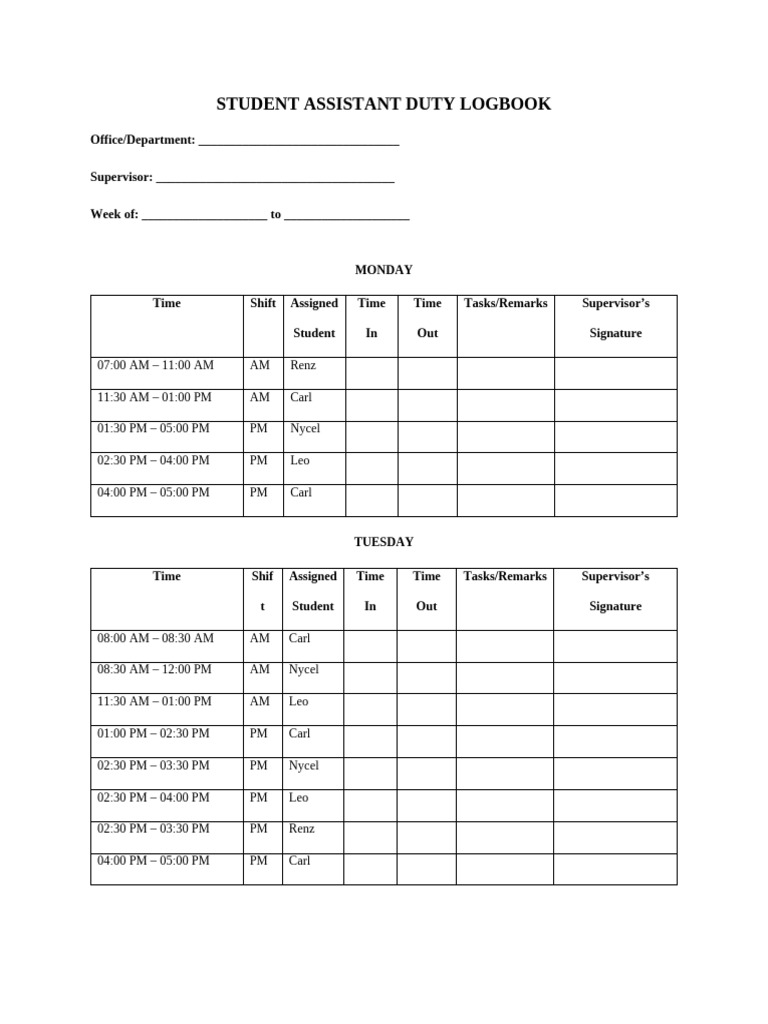 Student Assistant Duty Logbook New | PDF