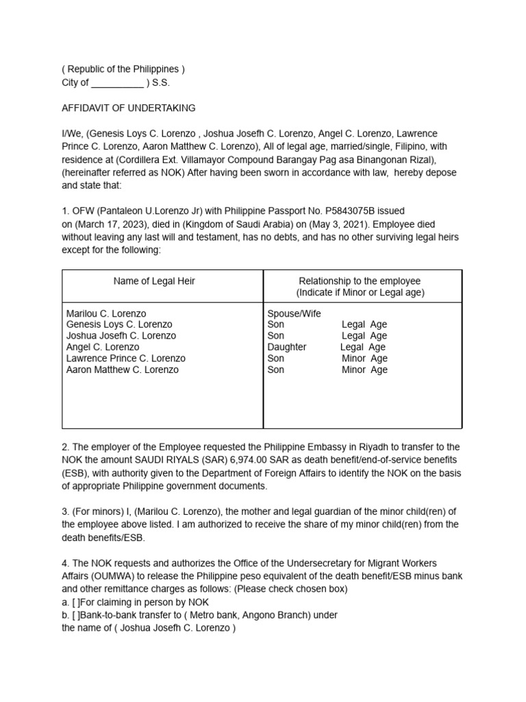 Affidavit of Undertaking for OFW Benefits | PDF | Affidavit