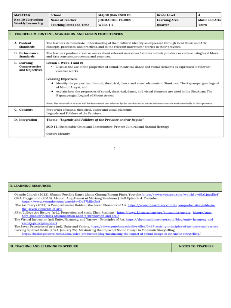 Grade 4 Music & Arts Lesson Plan | PDF | Composition (Visual Arts ...