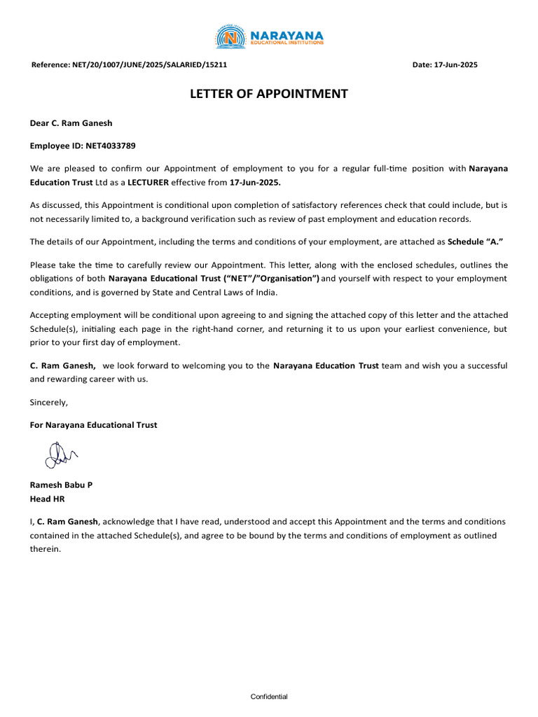 Lecturer Appointment Letter - Narayana Trust | PDF | Trade Secret ...