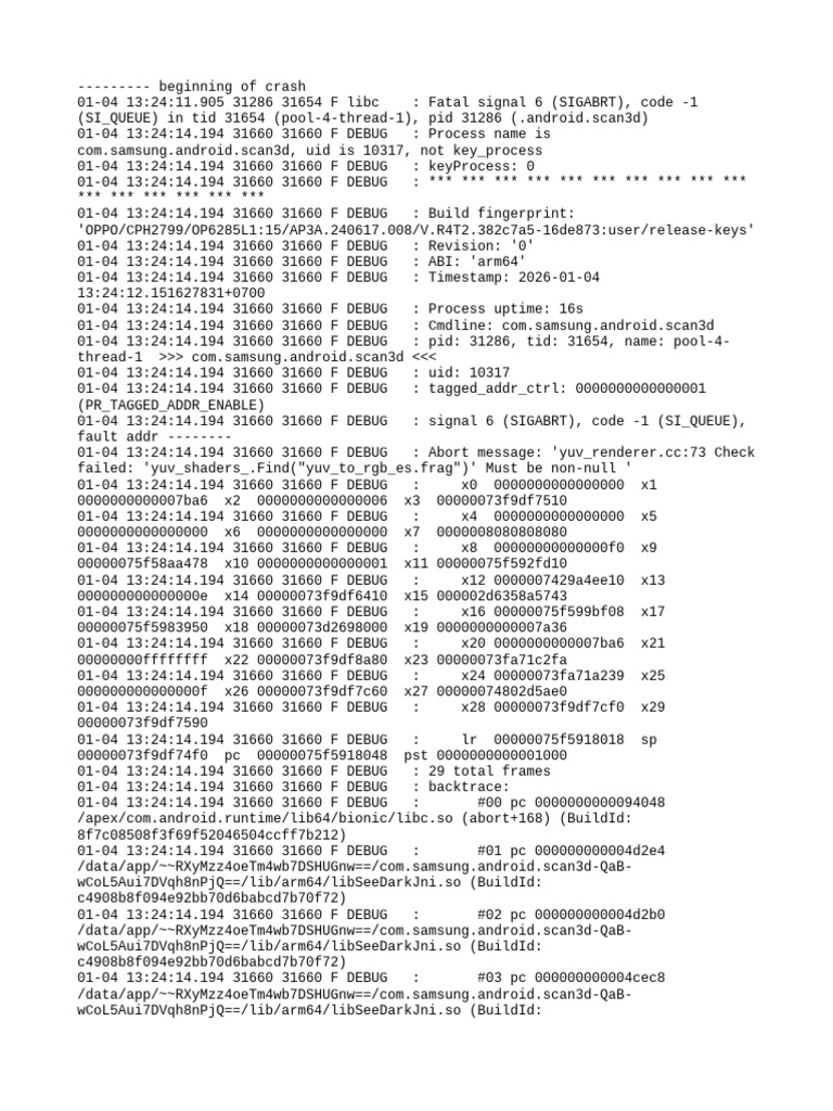 Samsung Scan3D Crash Log Analysis | PDF | Computer Programming | Computing