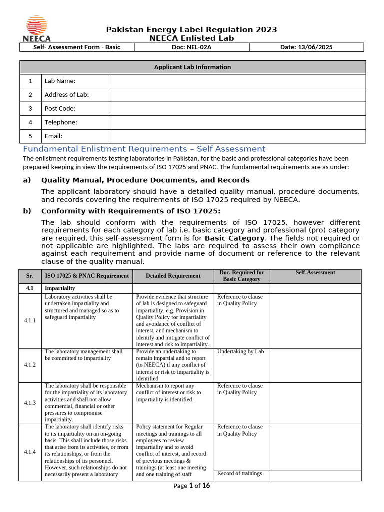 Pakistan Energy Label Lab Self-Assessment | PDF | Calibration | Metrology