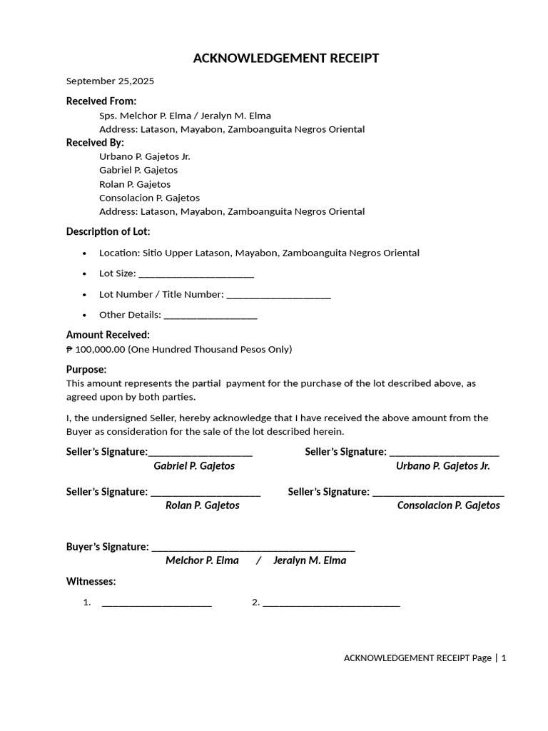 Lot Purchase Acknowledgement Receipt | PDF | Common Law | Civil Law ...