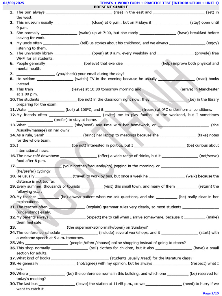 Tenses Practice Test: Present Simple & Continuous | PDF
