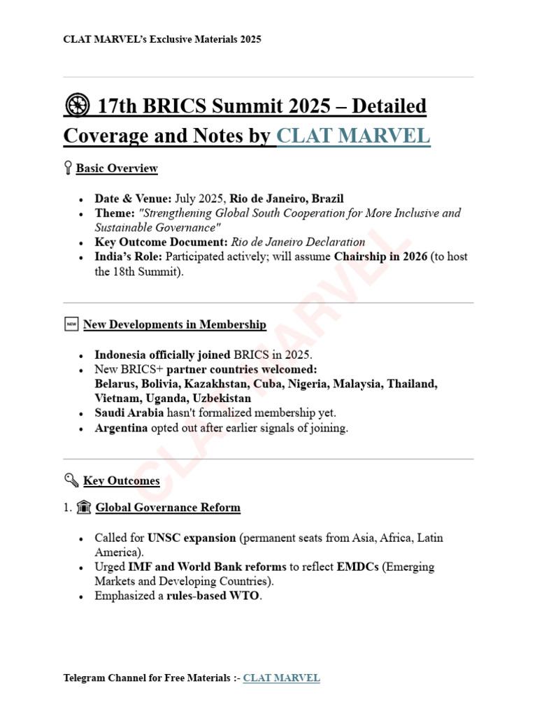 17th BRICS Summit Detailed Coverage and Notes by CLAT MARVEL | PDF ...
