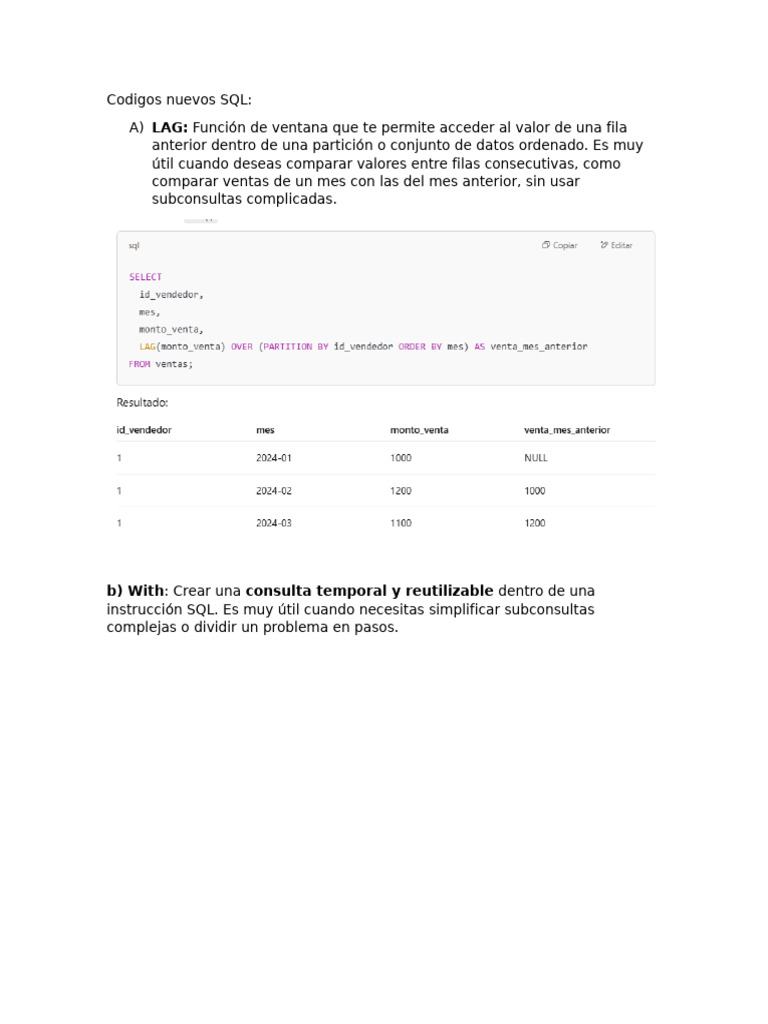 Nuevas funciones SQL: LAG, With, Partition y Dateadd | PDF