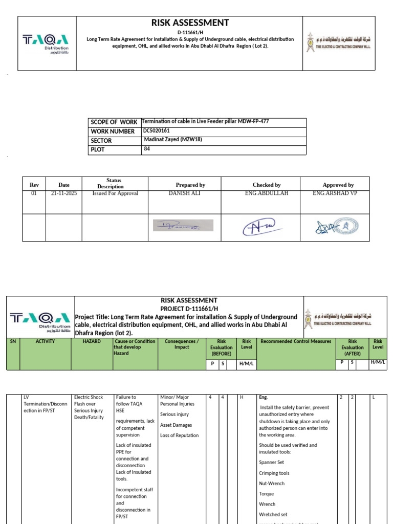 Risk Assessment for Electrical Cable Works | PDF | Personal Protective ...