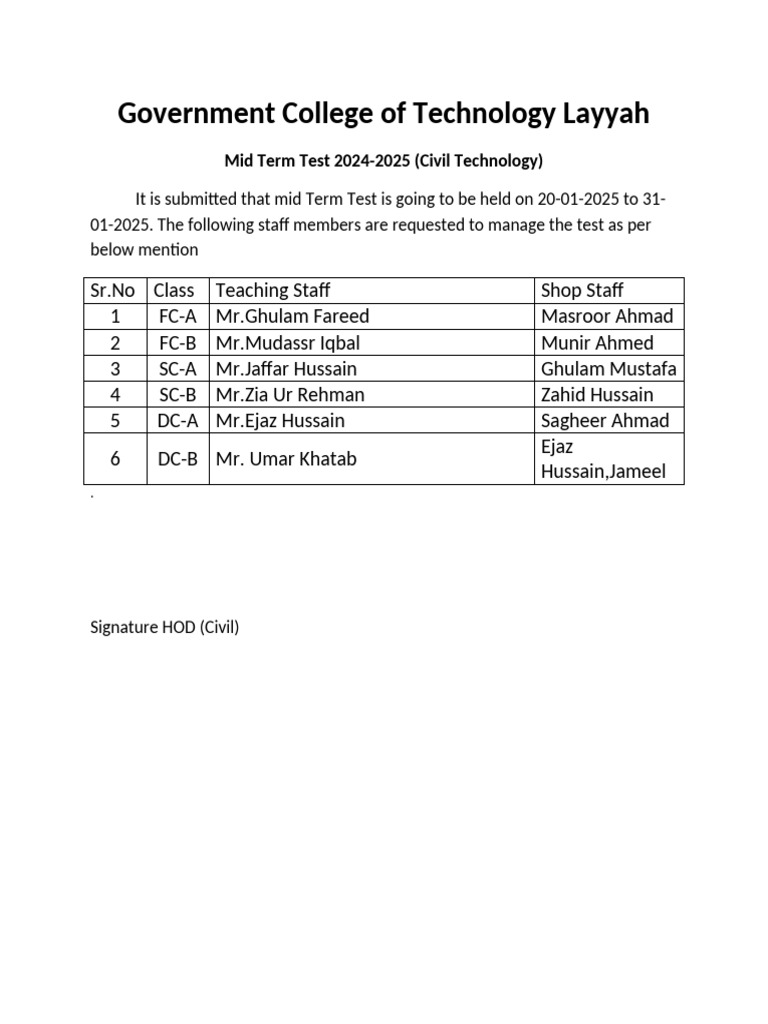Mid Term Test Schedule 2024-2025: Civil Tech | PDF