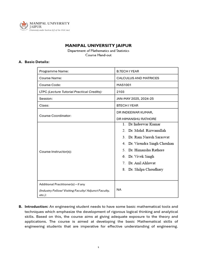 B.Tech Calculus and Matrices Course Guide | PDF | Mathematics