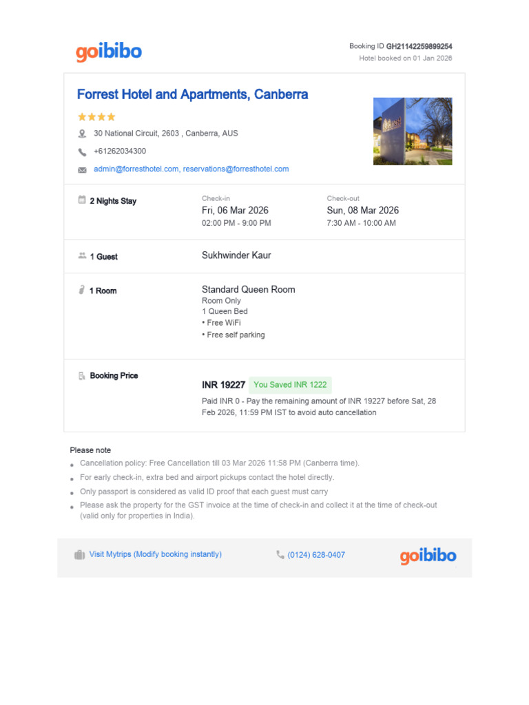 Canberra Hotel Booking Confirmation | PDF